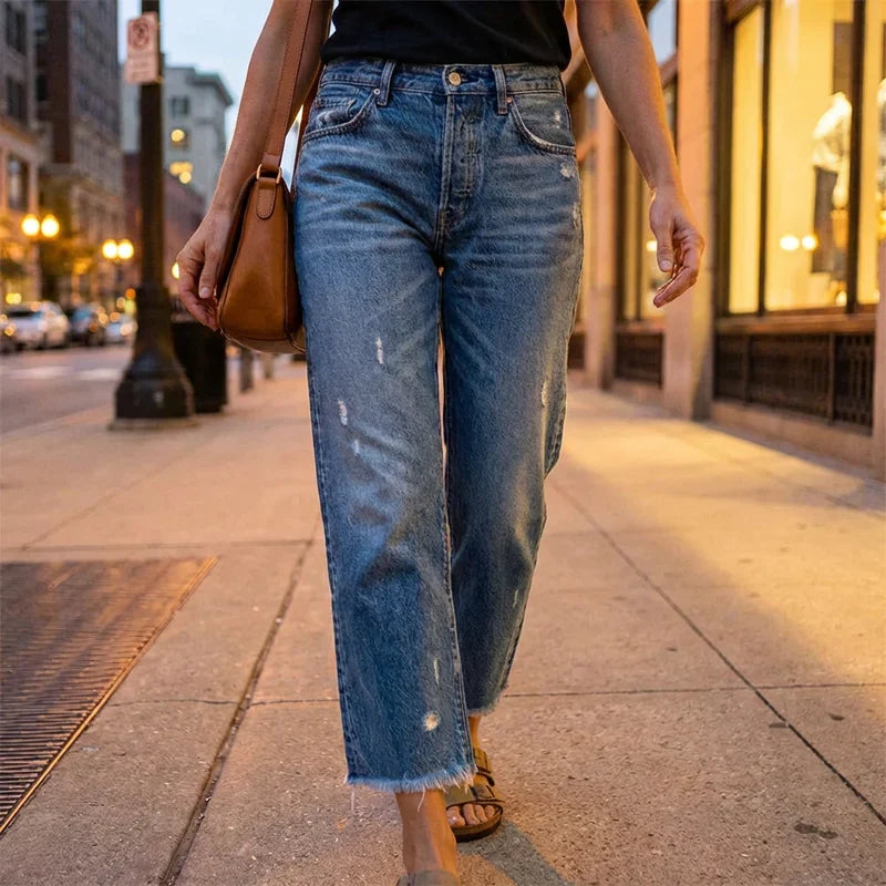 Women's Straight Leg Jeans | Cropped Ankle Distressed Denim