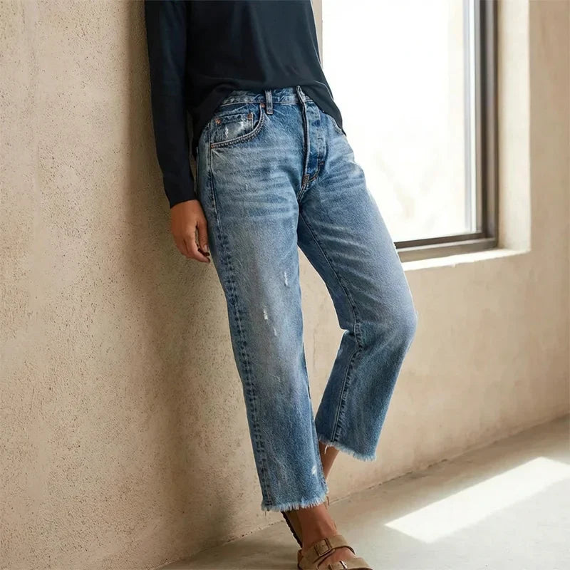 Women's Straight Leg Jeans | Cropped Ankle Distressed Denim