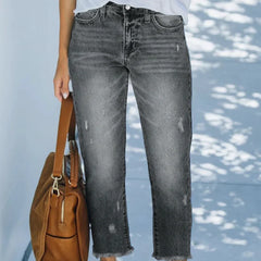 Women's Straight Leg Jeans | Cropped Ankle Distressed Denim