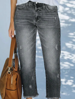 Women's Straight Leg Jeans | Cropped Ankle Distressed Denim