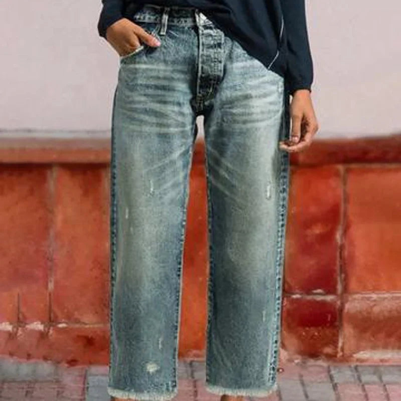 Women's Straight Leg Jeans | Cropped Ankle Distressed Denim