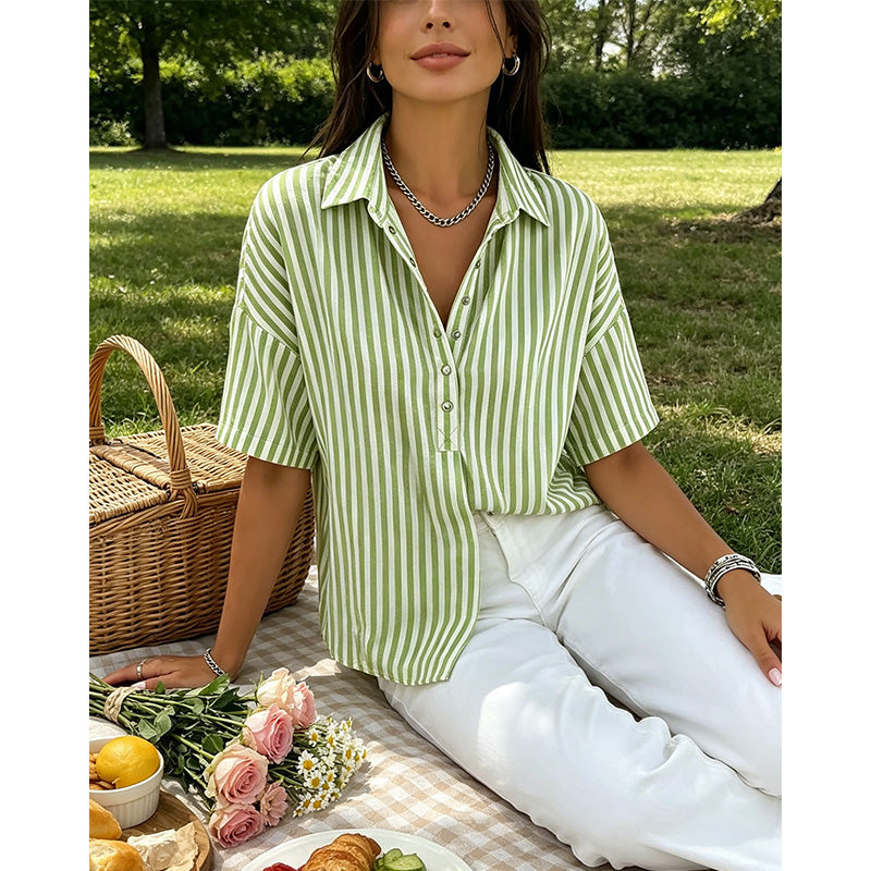 Women's Summer Top | V-Neck Short Sleeve Striped