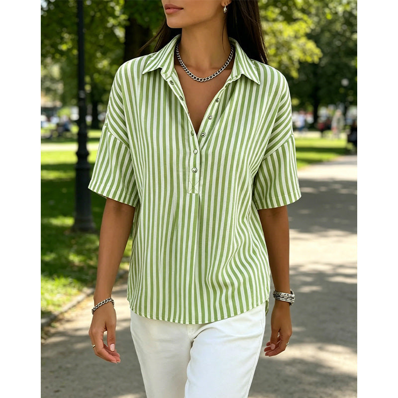 Women's Summer Top | V-Neck Short Sleeve Striped