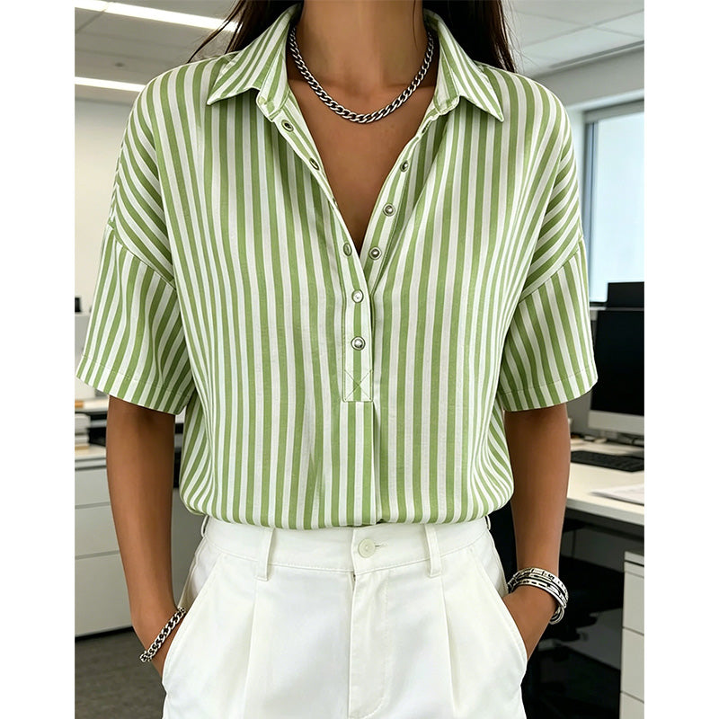 Women's Summer Top | V-Neck Short Sleeve Striped