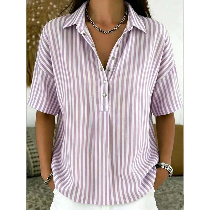 Women's Summer Top | V-Neck Short Sleeve Striped