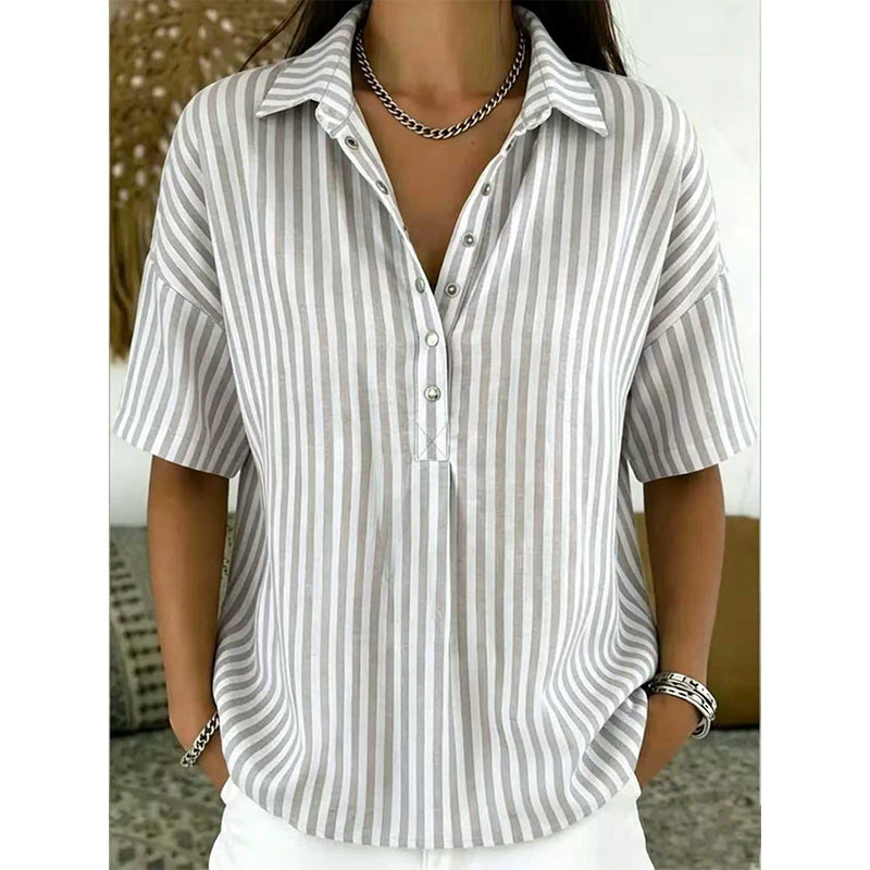 Women's Summer Top | V-Neck Short Sleeve Striped