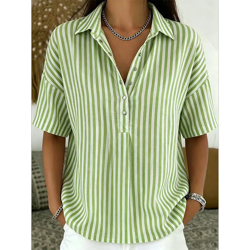Women's Summer Top | V-Neck Short Sleeve Striped