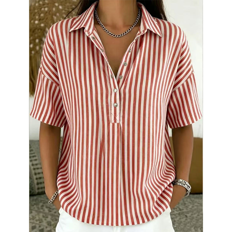 Women's Summer Top | V-Neck Short Sleeve Striped