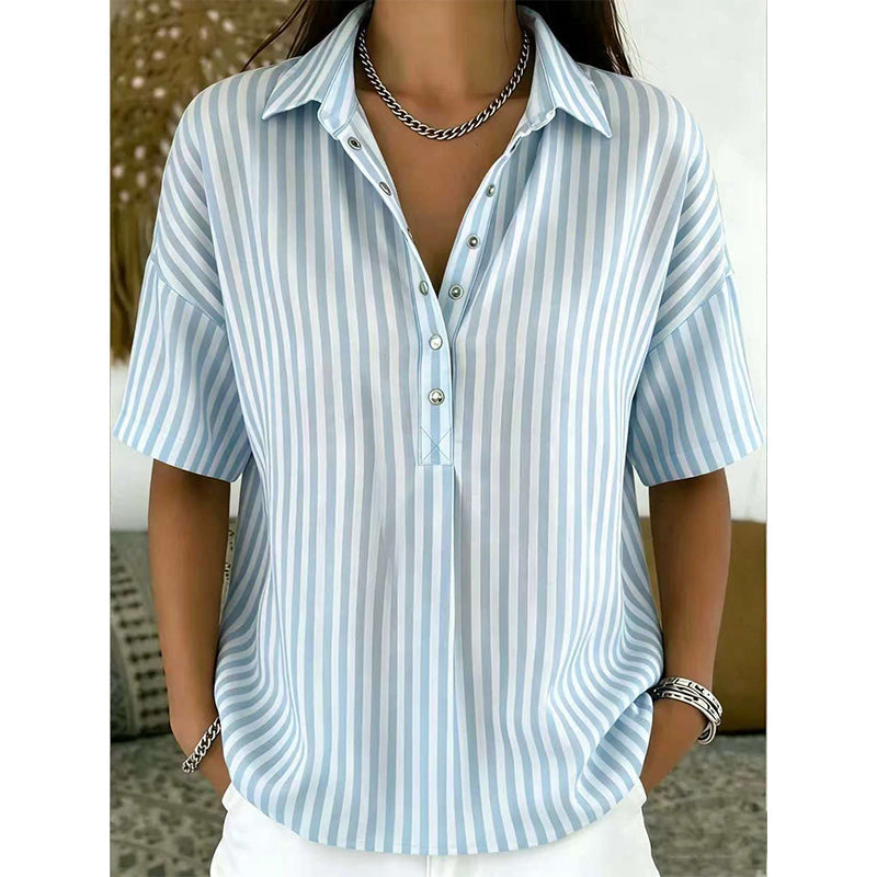 Women's Summer Top | V-Neck Short Sleeve Striped