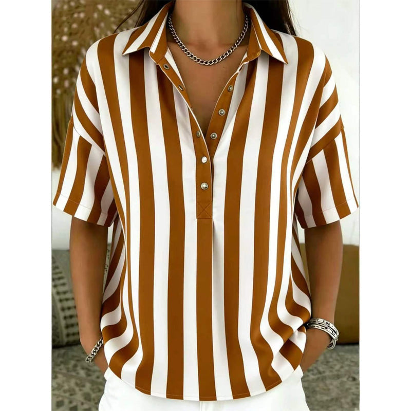 Women's Summer Top | V-Neck Short Sleeve Striped