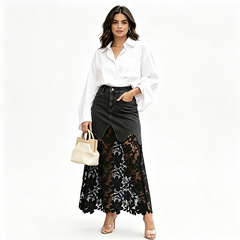 Women's Denim Skirt | Maxi Length High Waist Lace Hem