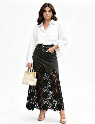 Women's Denim Skirt | Maxi Length High Waist Lace Hem