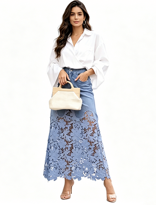 Women's Denim Skirt | Maxi Length High Waist Lace Hem