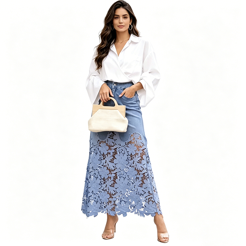 Women's Denim Skirt | Maxi Length High Waist Lace Hem