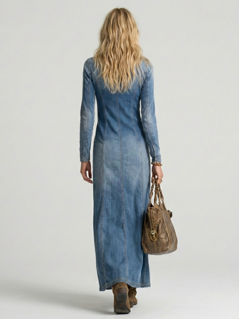 Women's Denim Dress | Maxi V-Neck Button-Front Relaxed
