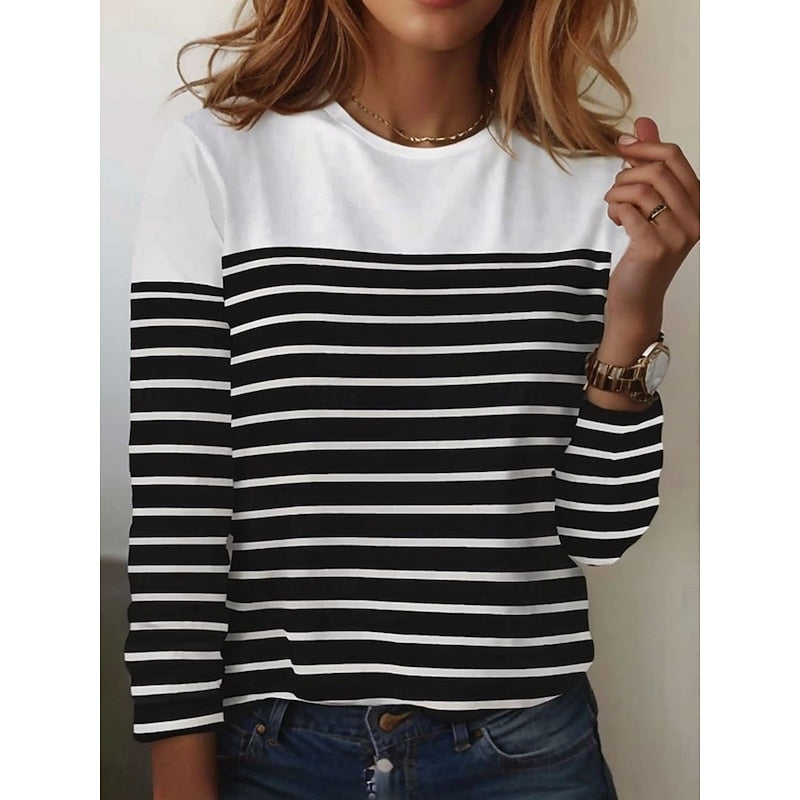 Women's Long Sleeve Top | Crew Neck Striped Knit