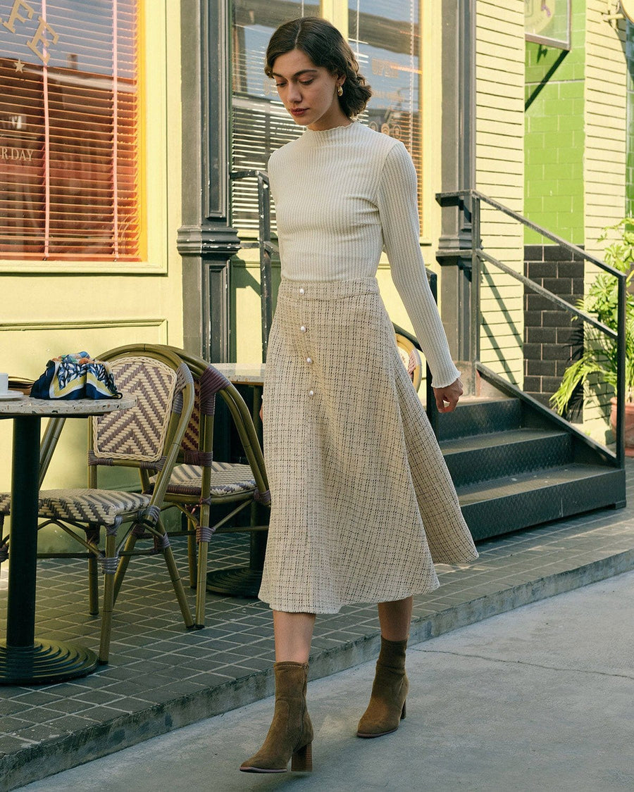 Women's Midi Skirt | High Waist Pearl Button Tweed