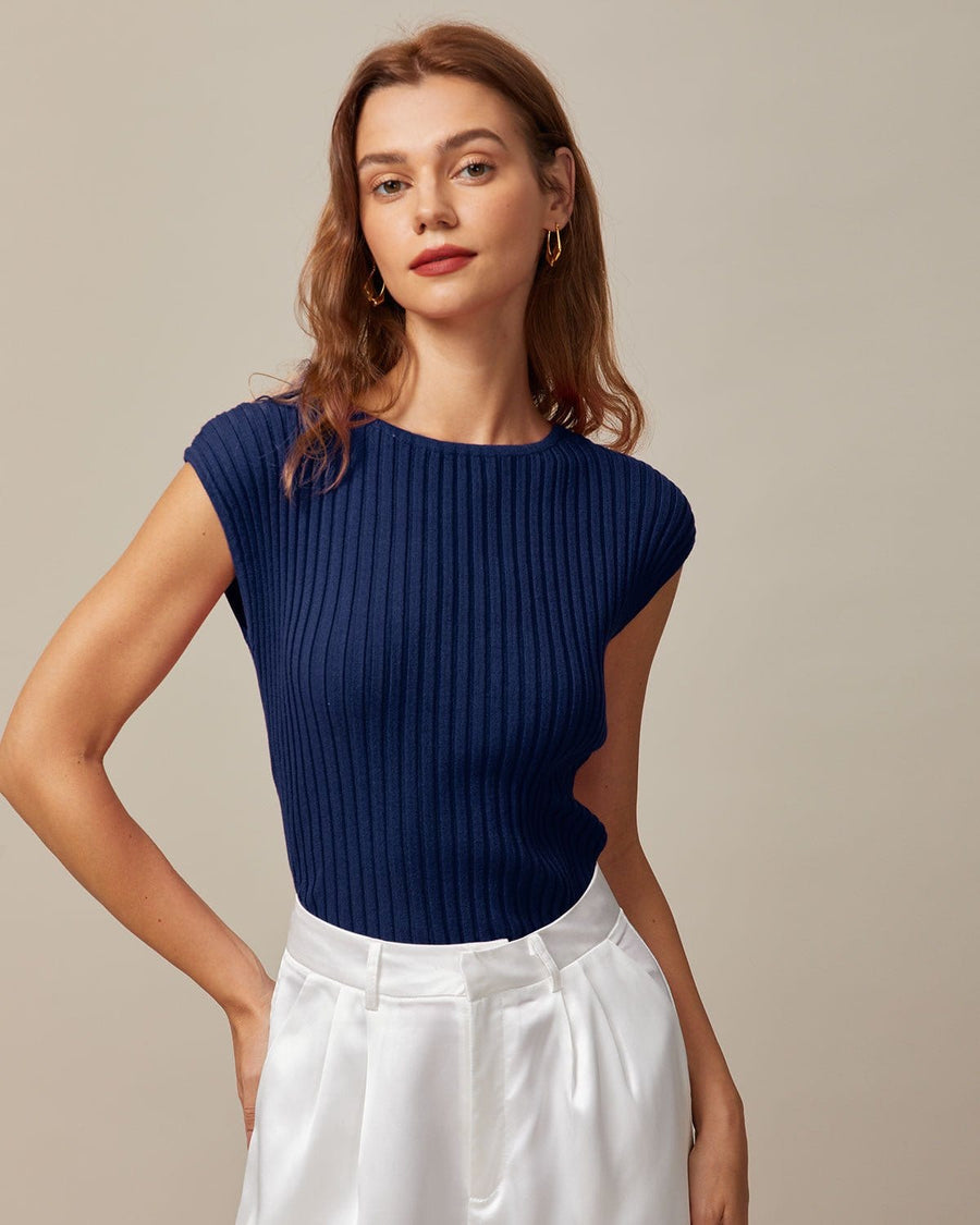 Women's Boat Neck Top | Cap Sleeve Ribbed Knit Close Fit