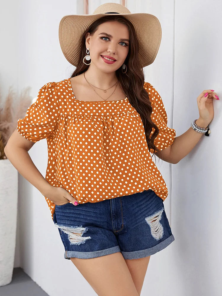 Women's Polka Dot Top | Puff Sleeve Crew Neck Relaxed Fit