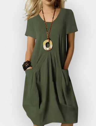 Women's Smart Dress | V-Neck Short Sleeve Relaxed Fit Midi