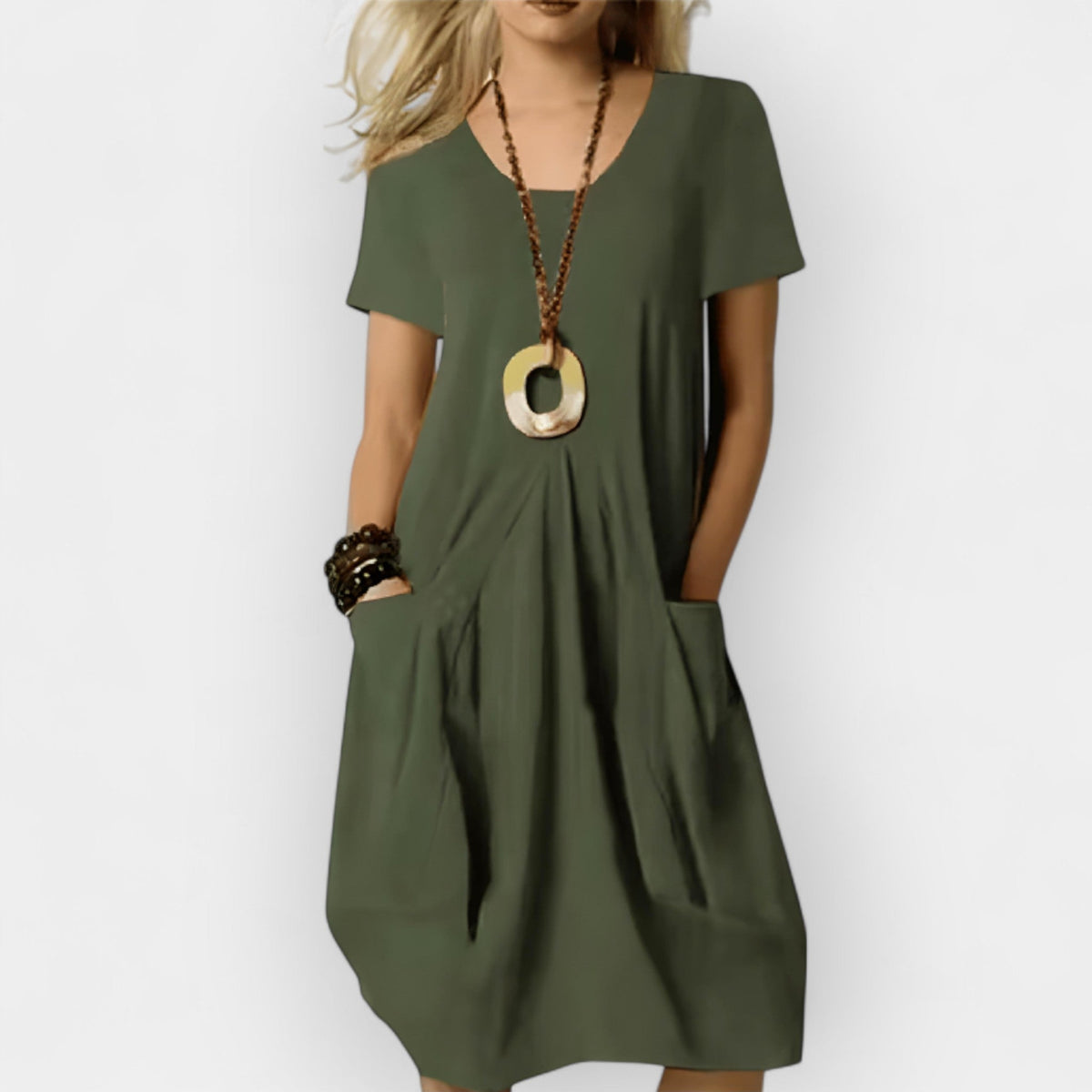 Women's Smart Dress | V-Neck Short Sleeve Relaxed Fit Midi