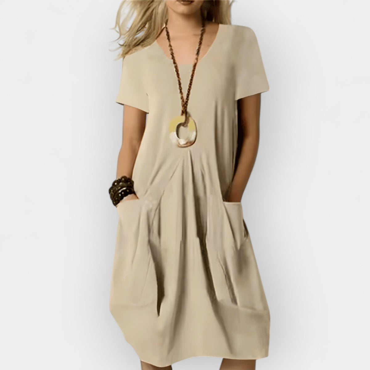 Women's Smart Dress | V-Neck Short Sleeve Relaxed Fit Midi