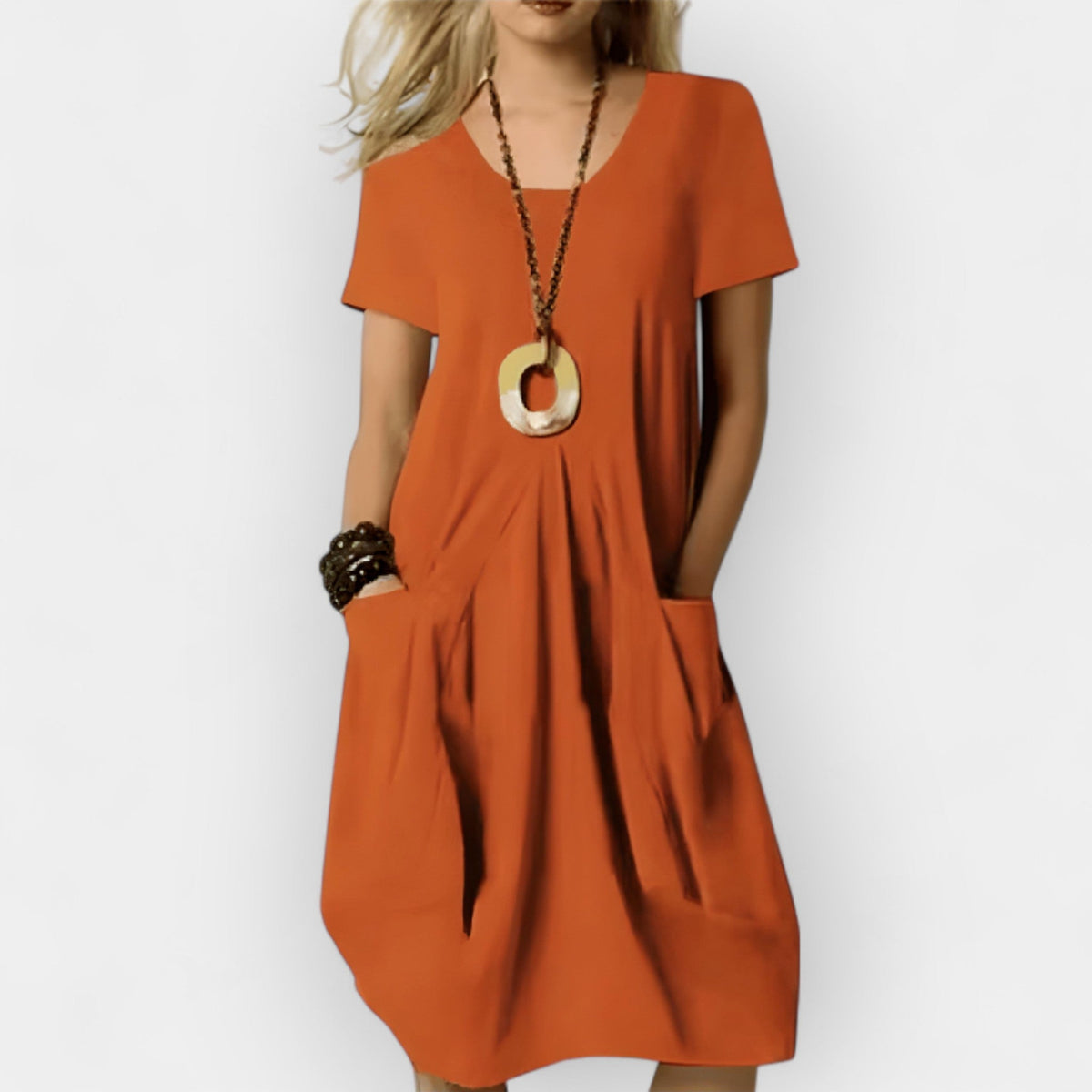 Women's Smart Dress | V-Neck Short Sleeve Relaxed Fit Midi