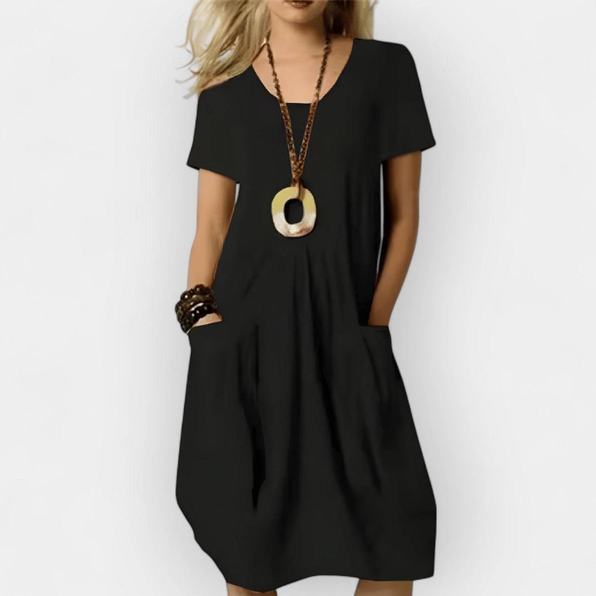 Women's Smart Dress | V-Neck Short Sleeve Relaxed Fit Midi