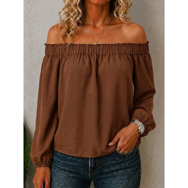 Women's Off The Shoulder Top | Ruffle Neckline Long Sleeve