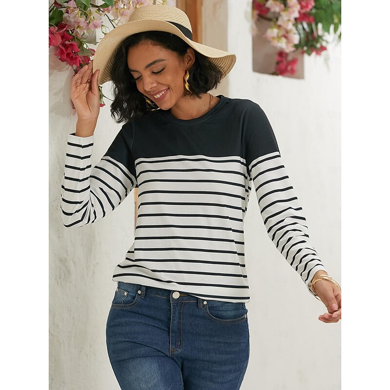 Women's Long Sleeve Top | Crew Neck Striped Knit