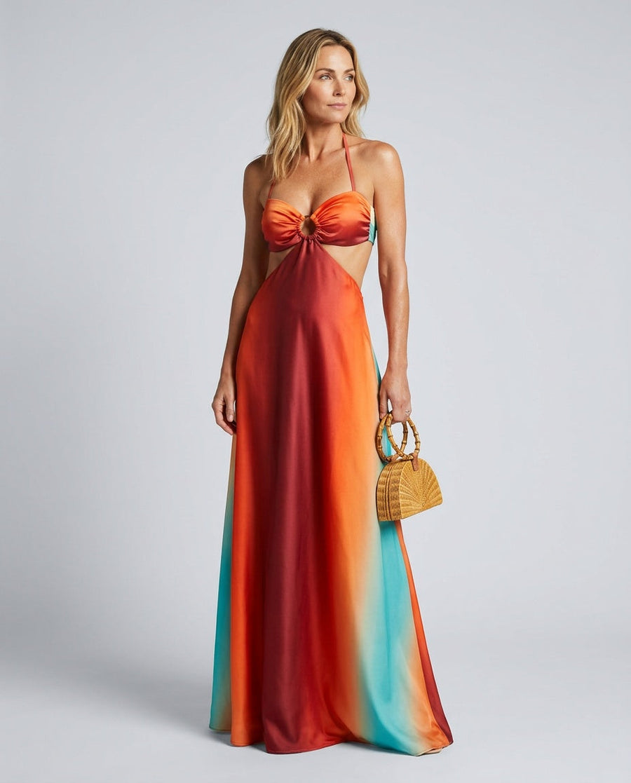 Women's Red Dress | Maxi Sweetheart Halter Gradient