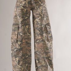 Unisex camo cargo pants with rugged utility pockets, featuring a relaxed fit and bold camo print for urban or outdoor style.