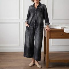 Women's Denim Jumpsuit | Button Front Relaxed Fit Wide Leg