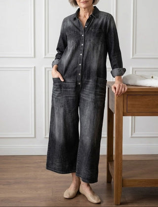 Women's Denim Jumpsuit | Button Front Relaxed Fit Wide Leg