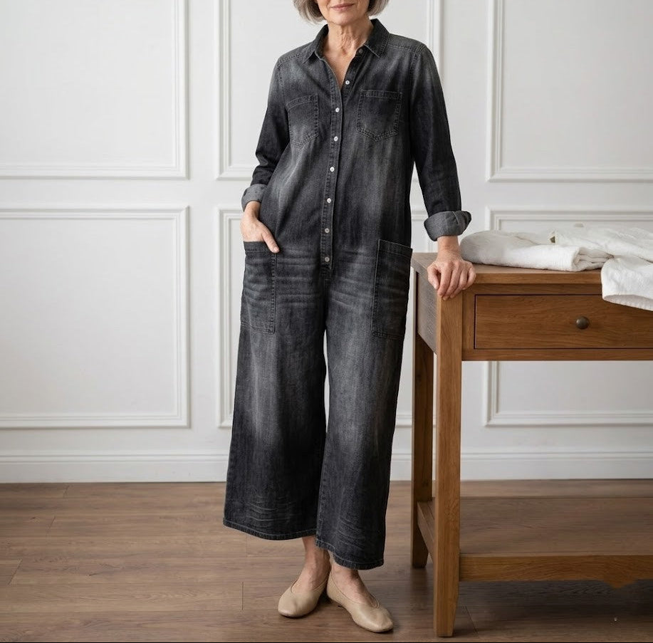 Women's Denim Jumpsuit | Button Front Relaxed Fit Wide Leg
