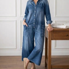 Women's Denim Jumpsuit | Button Front Relaxed Fit Wide Leg
