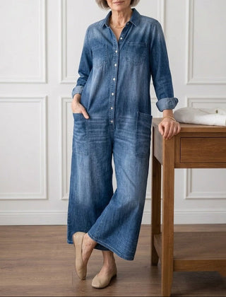 Women's Denim Jumpsuit | Button Front Relaxed Fit Wide Leg
