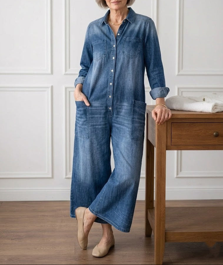 Women's Denim Jumpsuit | Button Front Relaxed Fit Wide Leg