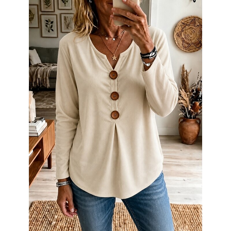 Women's Going Out Top | V-Neck Button Long Sleeve