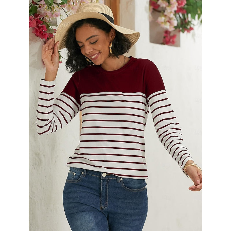 Women's Long Sleeve Top | Crew Neck Striped Knit