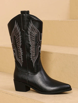 Women's Cowgirl Boots | Embroidered Western Leather Block Heel