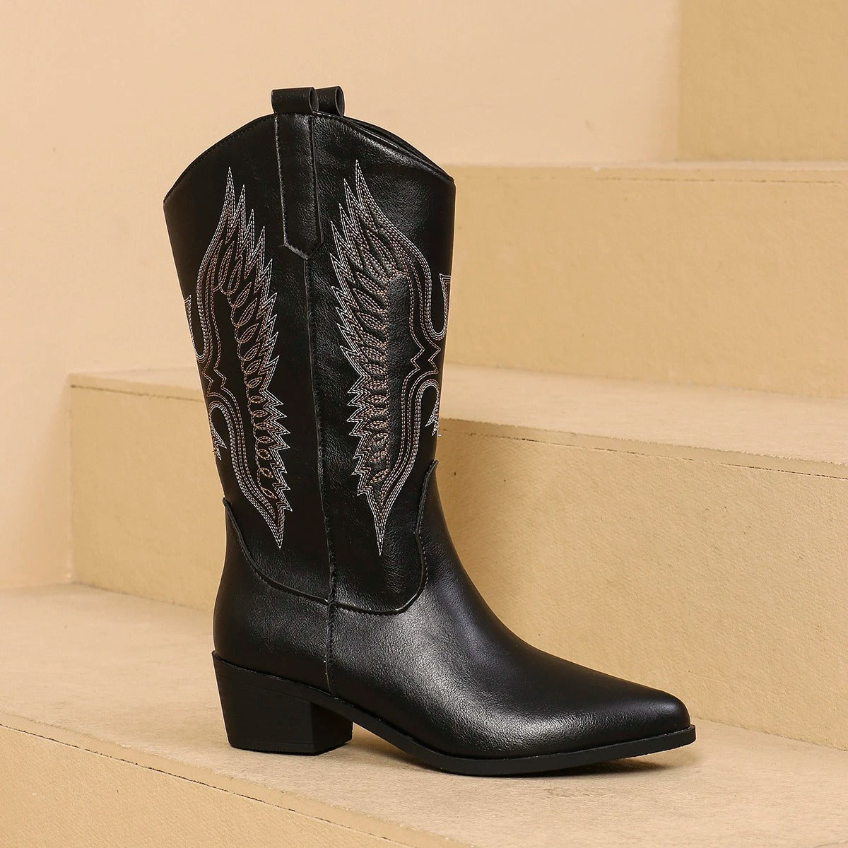 Women's Cowgirl Boots | Embroidered Western Leather Block Heel