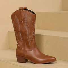 Women's Cowgirl Boots | Embroidered Western Leather Block Heel