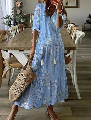 Women's Boho Dress | Midi Length V-Neck Lantern Sleeve Geometric Print