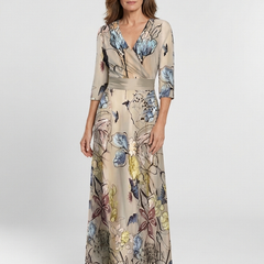 Women's Wrap Dress | Maxi Length Three Quarter Sleeve Floral Print V Neck