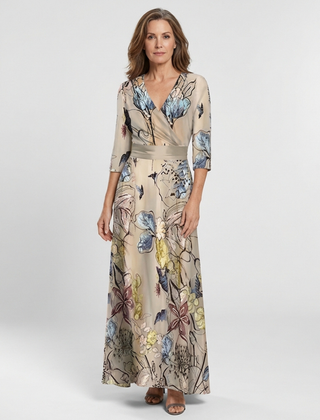 Women's Wrap Dress | Maxi Length Three Quarter Sleeve Floral Print V Neck