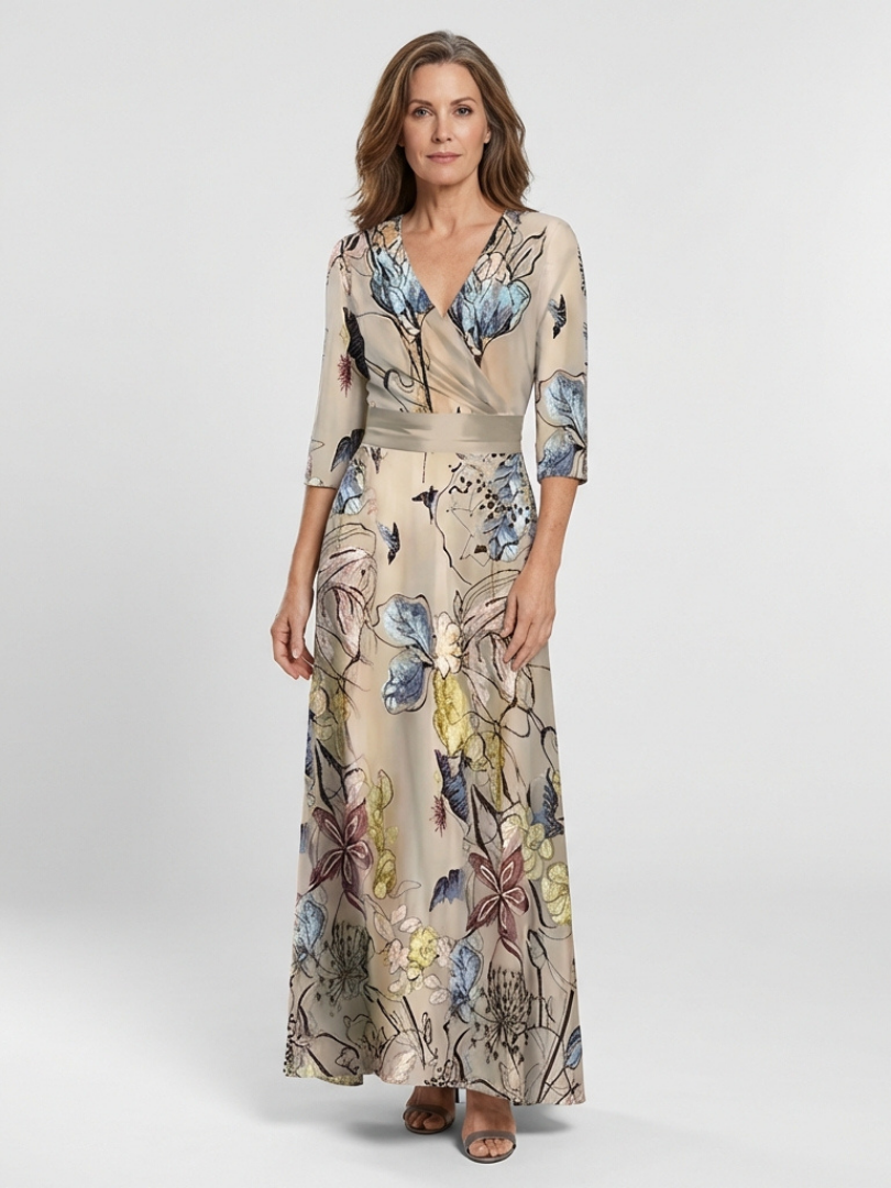 Women's Wrap Dress | Maxi Length Three Quarter Sleeve Floral Print V Neck