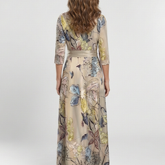 Women's Wrap Dress | Maxi Length Three Quarter Sleeve Floral Print V Neck