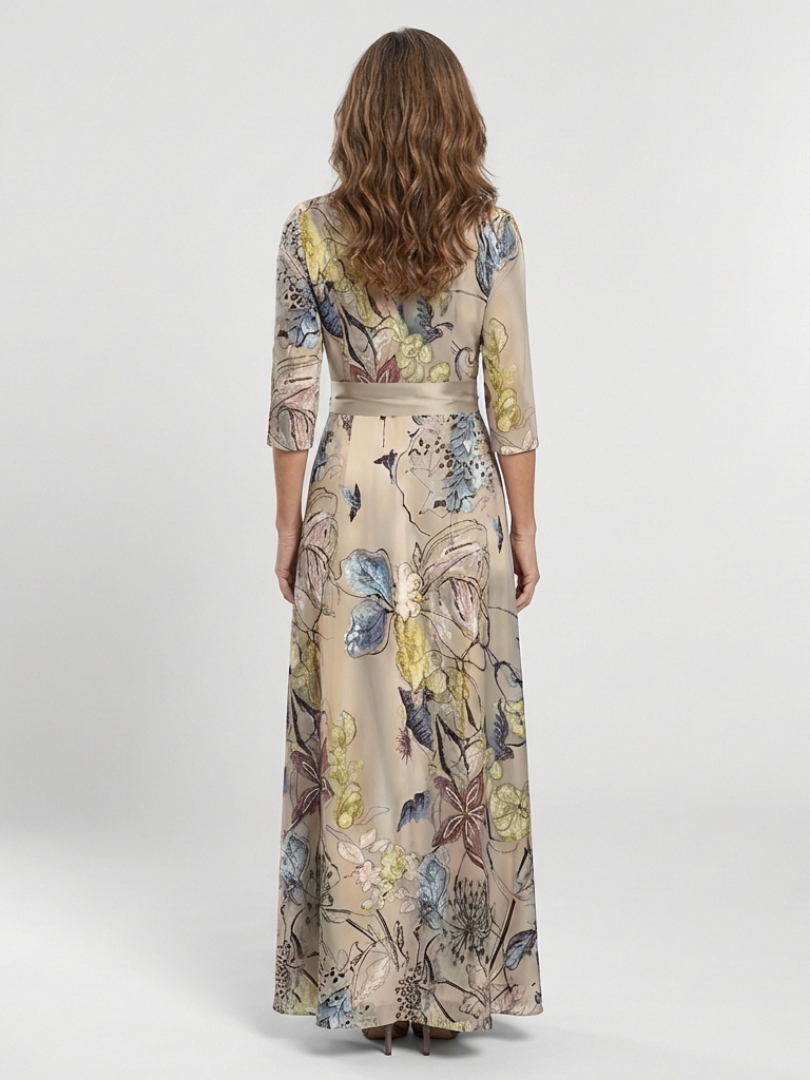 Women's Wrap Dress | Maxi Length Three Quarter Sleeve Floral Print V Neck