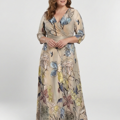 Women's Wrap Dress | Maxi Length Three Quarter Sleeve Floral Print V Neck